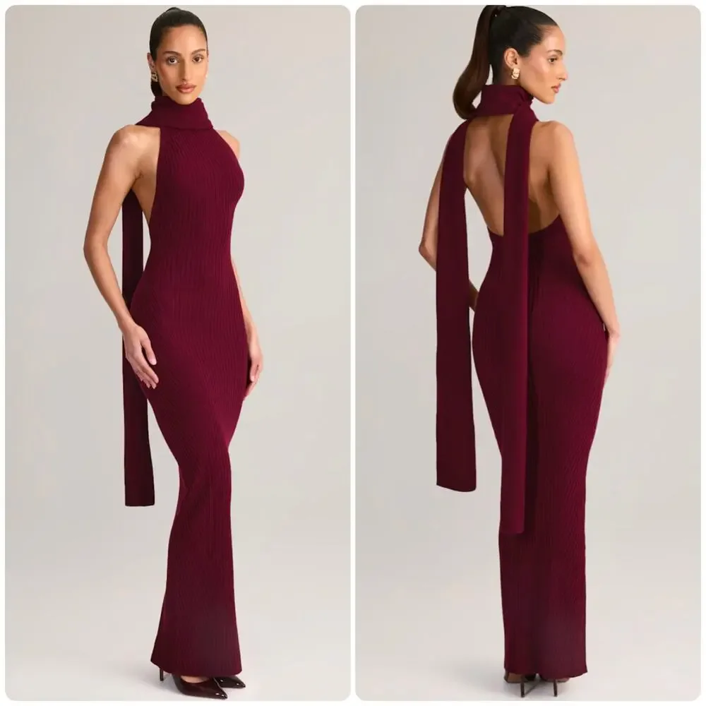 Oh Polly | Dresses | Oh Polly Dree Ribknit Scarfdetail Halterneck Maxi Dress  Wine Burgundy Size M | Poshmark